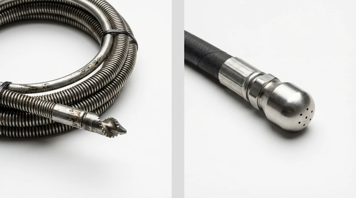 Drain snake cable and hydro jetting nozzle used for drain cleaning in Lincoln, RI