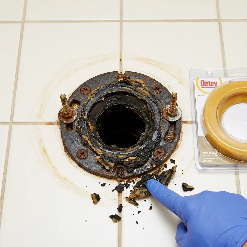 Failed wax ring showing water seepage at the base of a toilet in a Lincoln, RI home
