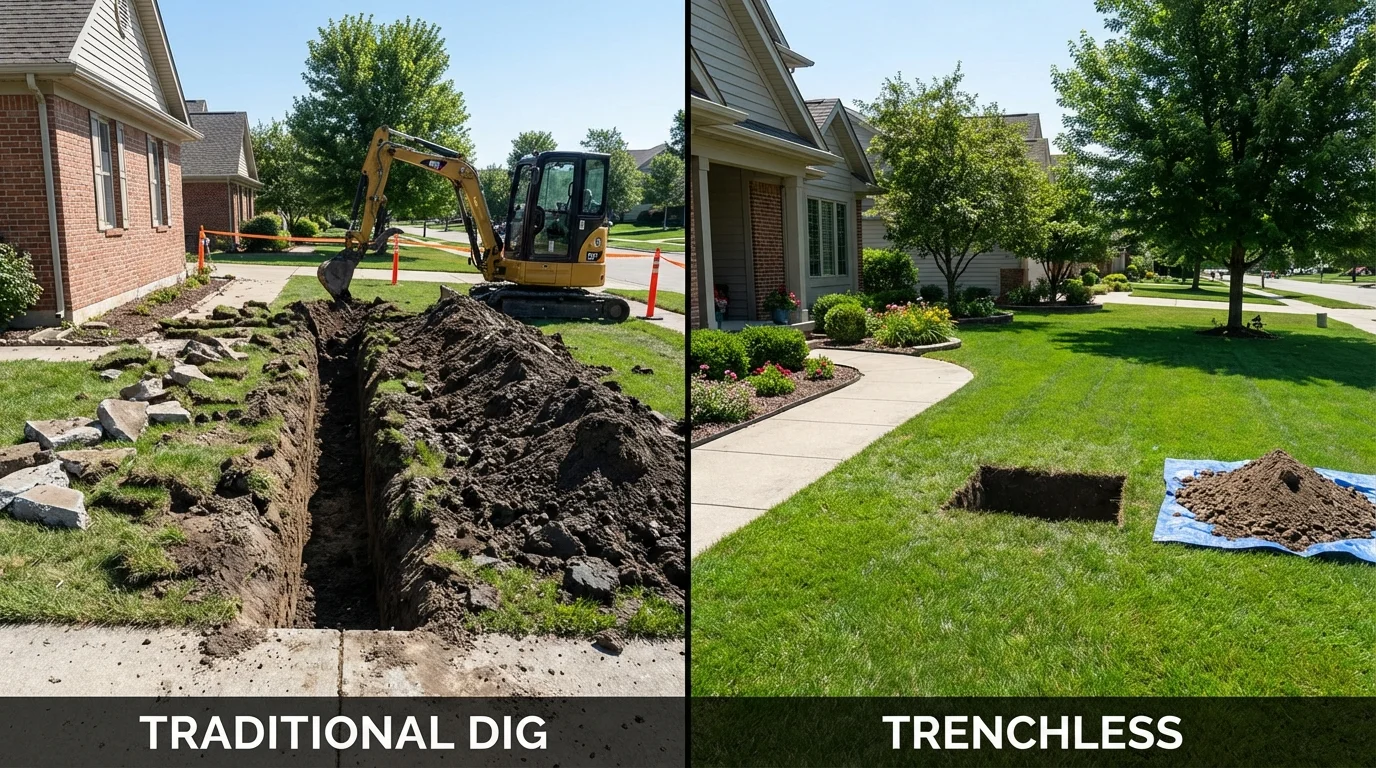 Trenchless sewer repair with minimal yard damage versus traditional excavation in Lincoln, RI