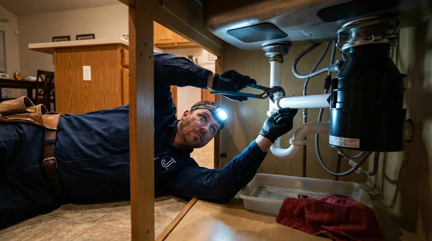 P-trap and supply line connections under a kitchen sink showing a common leak point in Lincoln, RI